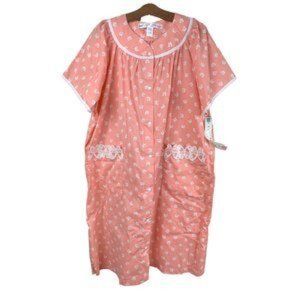 Vintage Kelly Reed Pink White Butterfly Print House Dress Coat Applique L NWT